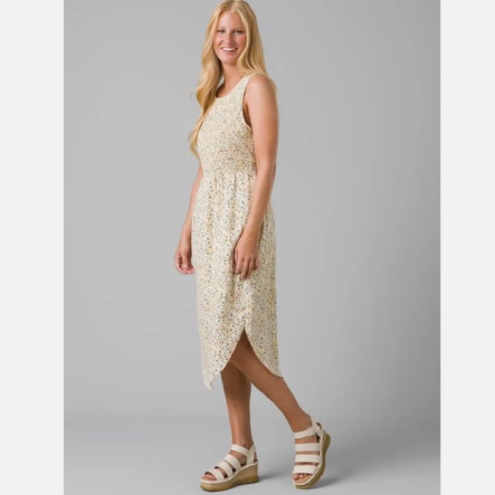 Prana Seakissed Dress Sleeveless Smocked Midi Organic Cotton Dots Medium